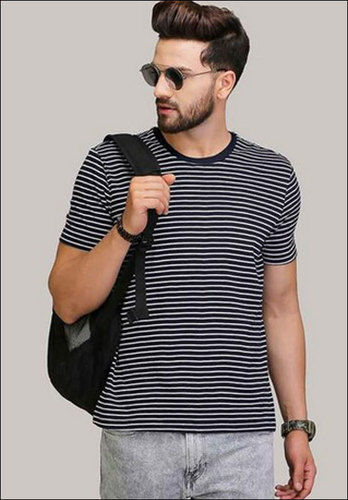 Olive Mens Black And White Striped Cotton T Shirt