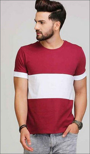 Mens Maroon And White Round Neck T Shirt