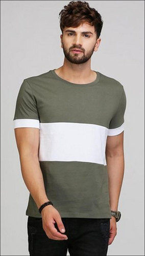 Mens Olive And White Cotton T Shirt Gender: Male