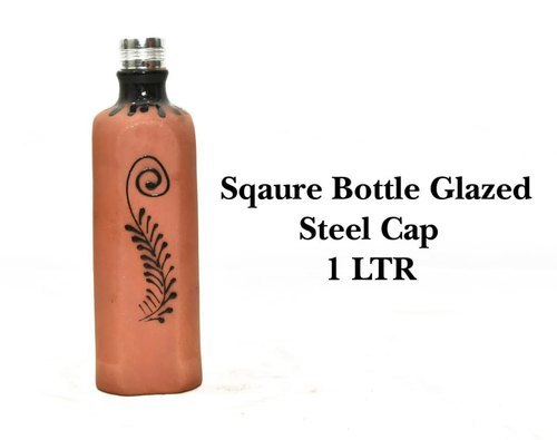 Terracotta Clay Glazed Square Bottle With Steel Cap
