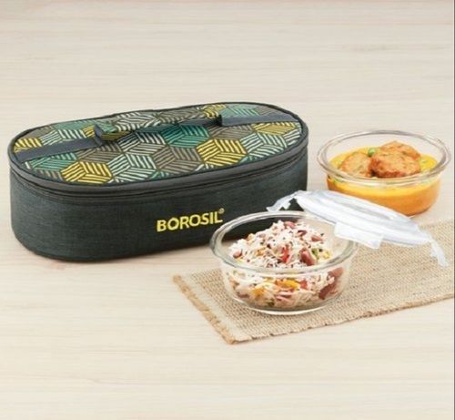 Transparent 2 Round Container Microwavable Glass Lunch Box For Office Uses, Round Shape, 400 Ml X 2 Capacity