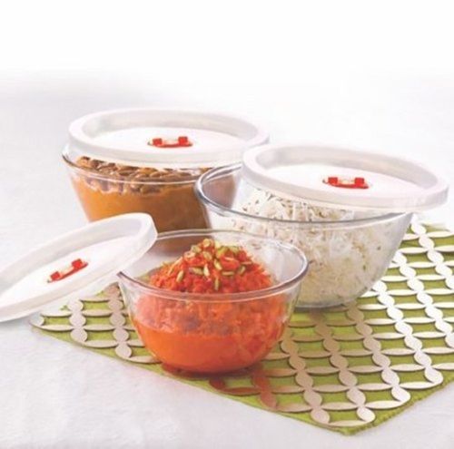 Mixing Glass Bowl With White Lid For Home Uses, Round Shape, Set Of 3, Size : 500ml + 900ml + 1.3 L