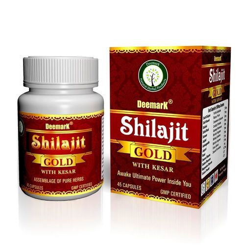 Deemark Shilajit Gold - 45 Capsules Resin with Pure Gold Dust Helps Boost Immunity, Energy, Strength, Stamina, and Overall Health | Shudh Shilajit, Shudh Kaunch, Safed Musli, Ashwagandha, Kesar