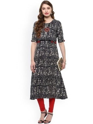 Black Printed Straight Cotton Kurta For Ladies, Half Sleeves, Calf Long, Casual Wear