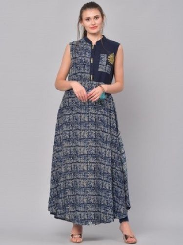 Indian Blue Printed A-Line Rayon Kurta For Ladies, Sleeveless, Full Length, Mandarin Collar, Casual Wear