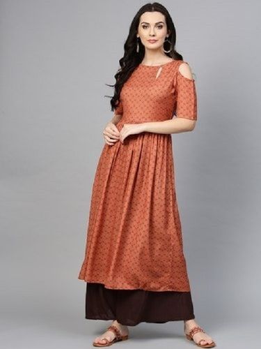 Brown Printed A-Line Rayon Stitched Kurta For Ladies, Short Sleeve, Round Neck, Calf Long, Casual Wear