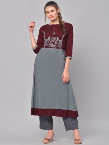 Grey And Maroon Embroidered A-Line Rayon Stitched Kurta For Ladies, Round Neck, 3/4th Sleeve, Calf Long, Casual Wear