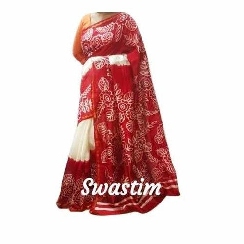 Red & White Ladies Floral Print Chanderi Silk Saree