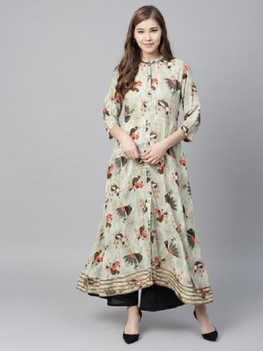 Olive Green And Orange Printed A-Line Rayon Kurta For Ladies, Full Length, 3/4th Sleeve, Mandarin Collar With Full Button Placket, Casual Wear