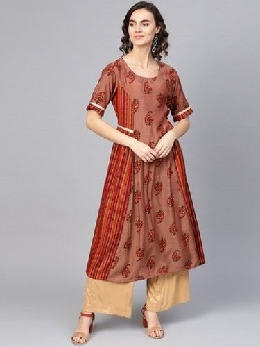 Rust Red And Orange Pure Silk Printed A-Line Kurta For Ladies, Full Length, Round Neck, Half Sleeves, Casual Wear