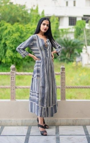 Multi Color Strip Western Wear Flared Dress For Ladies