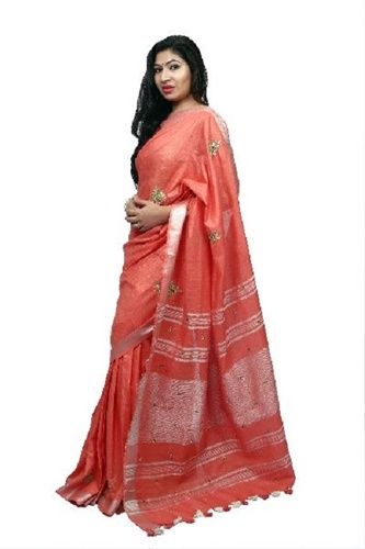 Carrot Red Embroidered Cotton Saree For Ladies