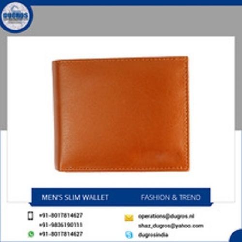 Cow Stunner Cognac Color Leather Wallet For Mens, Matching Stitching, Anthracite Fittings, Plain Pattern, Fine Quality, High Strength