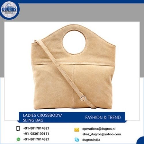 Cow Suede Sling Bag For Ladies, Anthracite Fittings, Beige Color, Best Quality, Unique Style Design: Plain