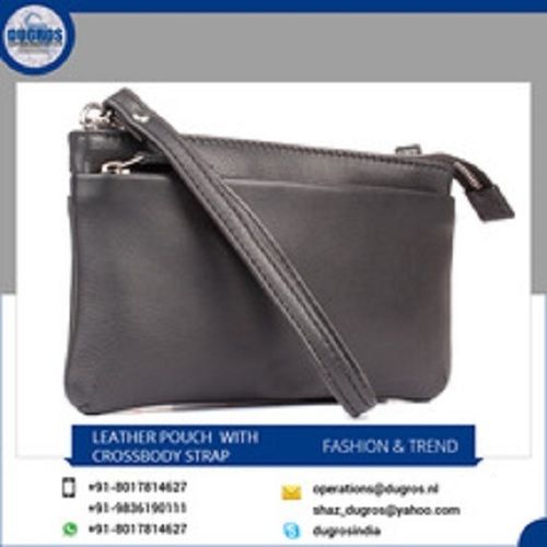 Cross Body Genuine Leather Bags For Ladies, Leather Pouch With Crossbody Strap Style, Optimum Quality, Black Color Design: Plain