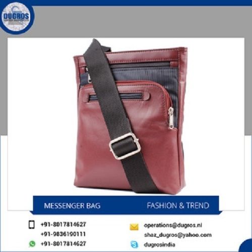 Imported Nylon + Leather Messenger Bag For Mens, Shiny Nickel Fittings, Matching Stitching, Plain Pattern, Cognac Color, High Quality Size: Customized