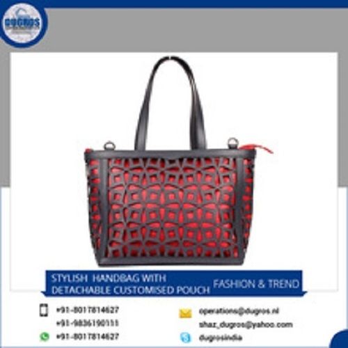 Red Color Genuine Leather Handbag For Ladies With Detachable Customised Pouch, Cotton Sheeting Lining, Eco Friendly, Matching Stitching, Plain Pattern, A Grade Quality Gender: Women