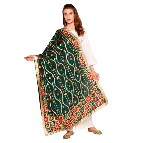 Mesmerizing Handmade Phulkari Dupatta With Snake Pattern Design And Gotta Work