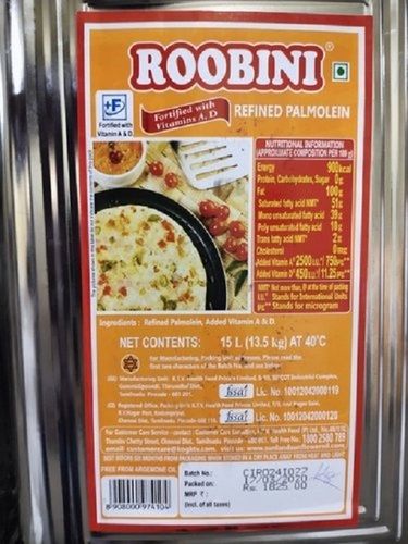 Roobini Palm Edible Oil, Refined Palmolein, Nutritional Value, Premium Quality, Fresh And Natural, Rich In Taste, Packaging Size : 15 Ltr Tin