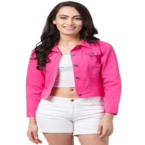 Plain Cool And Stylish Look Pink Color Cotton Denim Jacket For Women