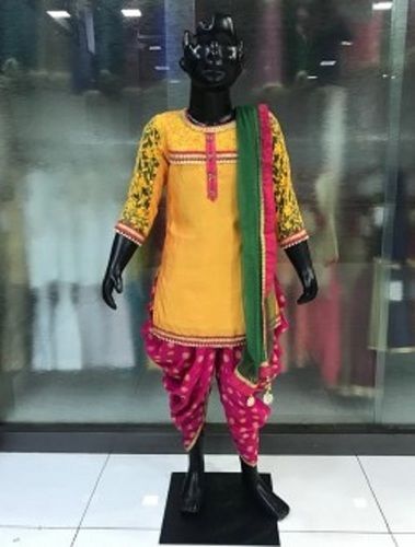 Lace Work Cotton Dhoti Suit For Kids, Round Neck, 3/4Th Sleeves, Best Quality, Skin Friendly, Attractive Look, Amazingly Comfortable, Festival Wear, Yellow And Pink Color, Size : 24-38 Age Group: Kids