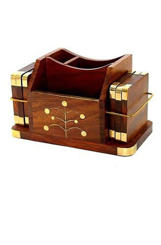 Wood Wooden Tea Coaster Cum Cutlery And Tissue Holder