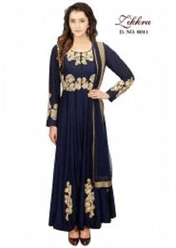 Summer Neavy Blue Silk Gown For Ladies, Embroidered Work, Good Quality, Attractive Look, Skin Friendly, Party Wear 