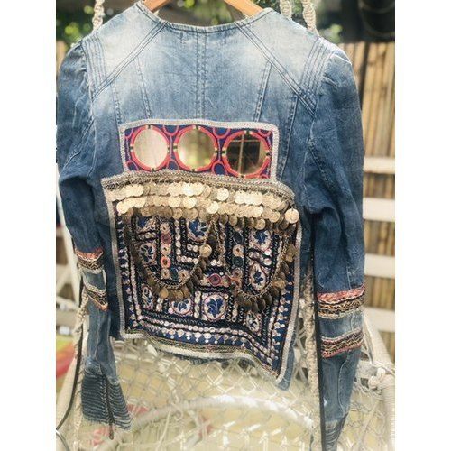 Multicolor Embellished Handmade Patches Coins Blue Denim Jackets