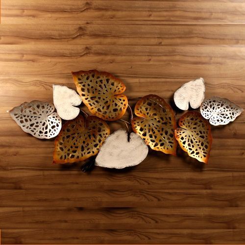 Iron Golden And Silver Toned Textured Leaf Design Wall Hanging