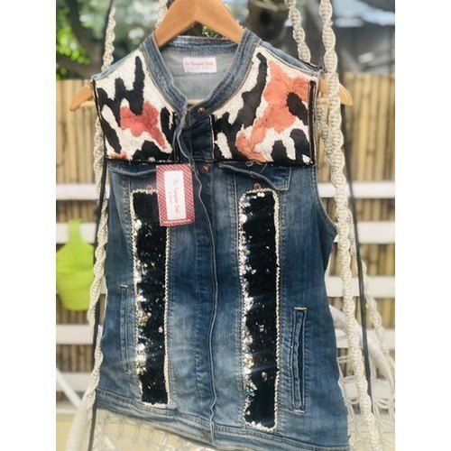 Pearls And Sequin Embellished Denim Ladies Jacket