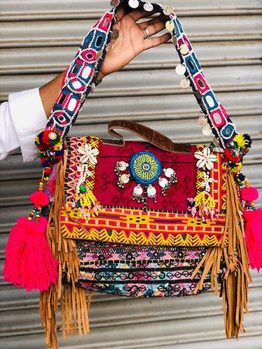 Multicolor Cotton Banjara Embroidery Sling Bag For Casual Wear Size  8x13inch