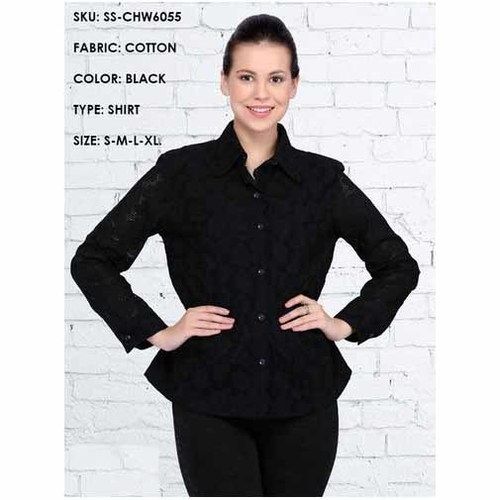 Ladies Floral Pattern Black Cotton Shirt