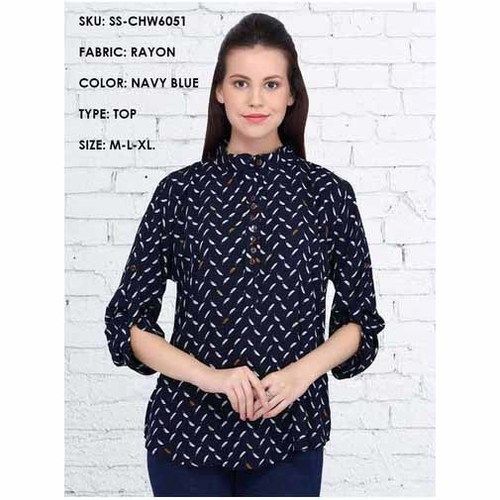 Ladies Printed Rayon Navy Blue Top