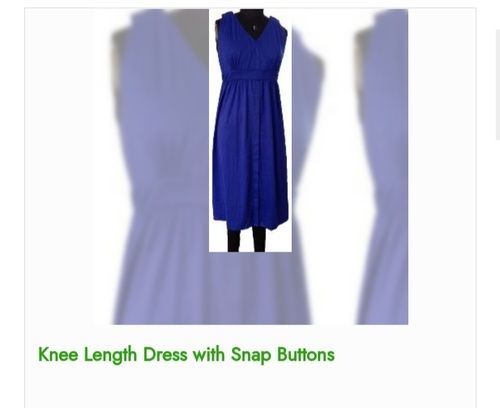 Anti Wrinkle Blue Color Knee Length Dress With Snap Buttons