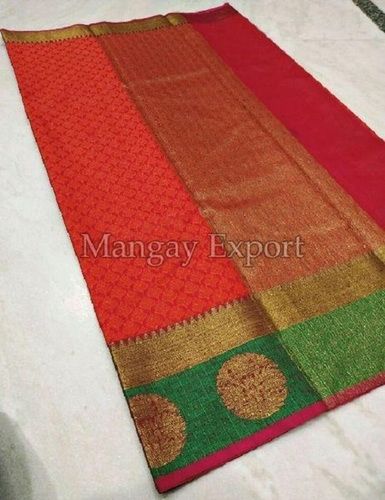 Red & Green Fancy Silk Sarees For Ladies, Embroidered Pattern, Finest Quality, Precisely Design, Eye Catchy Look, Skin Friendly, Seamless Finish, Soft Texture, Festival Wear