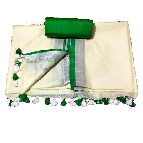 Cream And Green Dyed Cotton Sarees For Ladies, Plain Pattern, Best Quality, Attractive Look, Handloom Technic, Soft Texture, Comfortable To Wear, Skin Friendly