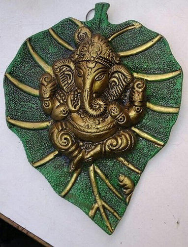Lord Ganesha On Green Leaf Ganesh Statue