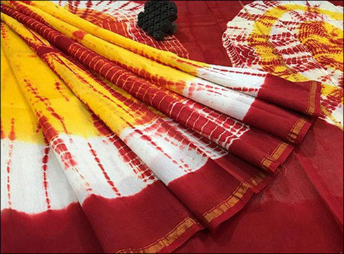 Blue Ladies Red And Yellow Casual Printed Chanderi Saree With Blouse