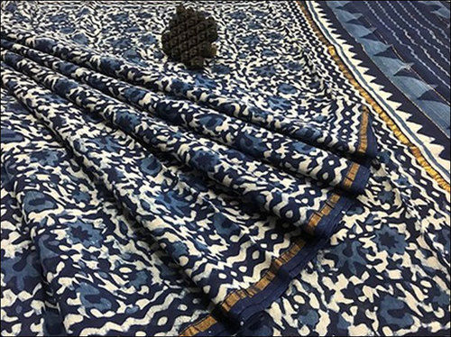 Winter Ladies Blue Printed Casual Wear Chanderi Saree