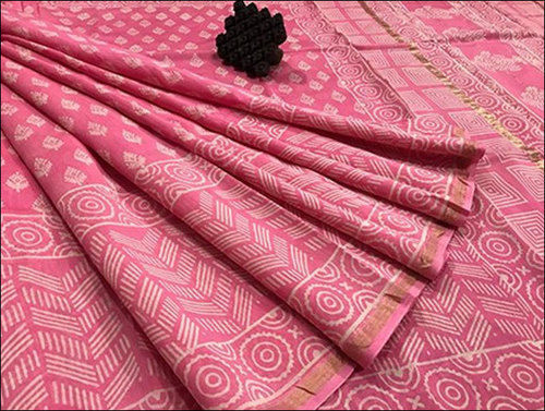 Blue Ladies Pink Casual Wear Block Print Chanderi Saree