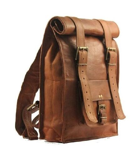 Brown Handmade Leather Roll Backpack Bag