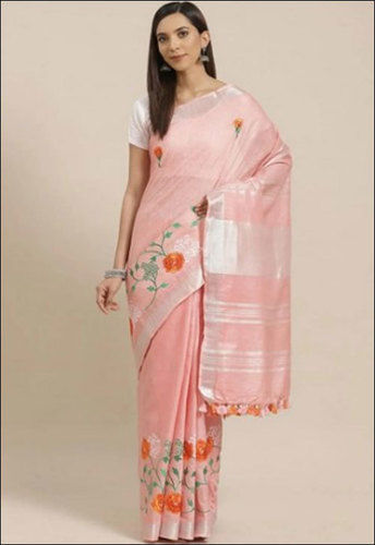 Orange Ladies Linen Embroidery Saree