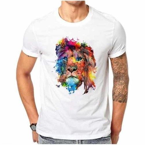 Mens Printed Cotton White Round Neck T Shirt