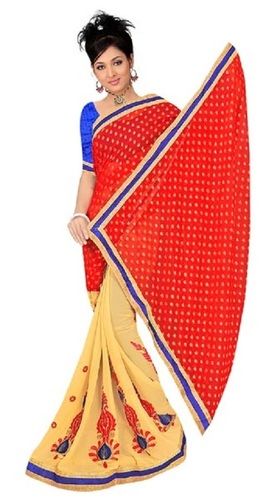 Red And Light Yellow Beautifully Embroidered Sarees For Ladies, Good Quality, Captivate Design, Splendid Look, Perfect Finish, Soft Texture, Comfortable To Wear, Skin Friendly