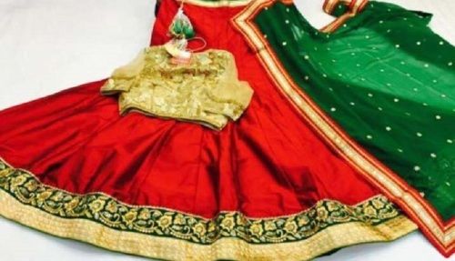 Bridal Embroidered Lehenga Choli, Dupian Silk With Lace Work And Gotta Finish, Short Sleeves, Supreme Quality, Attractive Design, Eye Catchy Look, Comfortable To Wear, Soft Texture