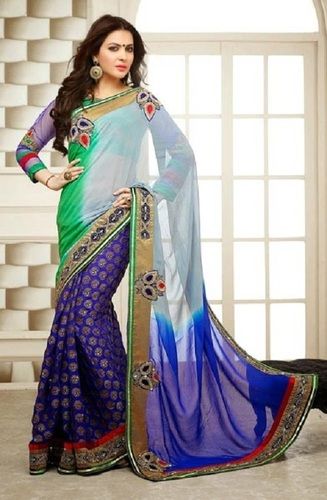 Blue Green Georgette Embroidered Sarees For Ladies, Supreme Quality, Exquisite Design, Trendy Look, Attractive Pattern, Skin Friendly, Soft Texture, Comfortable To Wear