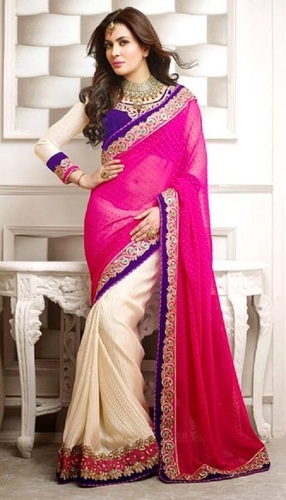 Summer Ceamy And Pink Georgette Embroidered Sarees For Ladies, A Grade Quality, Precise Design, Eye Catchy Look, Attractive Pattern, Skin Friendly, Soft Texture, Comfortable To Wear