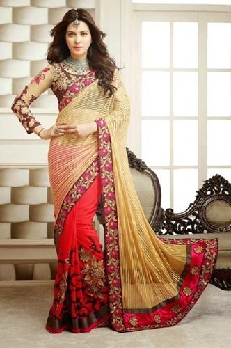 Red And Beige Georgette Embroidered Sarees For Ladies, Finest Quality, Innovative Design, Gorgeous Look, Attractive Pattern, Skin Friendly, Soft Texture, Comfortable To Wear