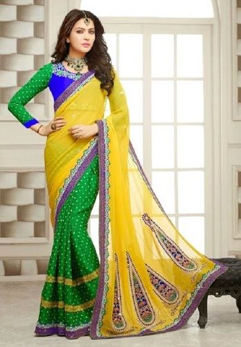 Summer Yellow Green Georgette Embroidered Sarees For Ladies, Best Quality, Elegant Design, Attractive Look, Attractive Pattern, Skin Friendly, Soft Texture, Comfortable To Wear