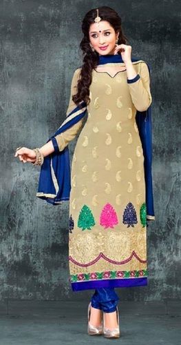 Beige Cotton Embroidered Salwar Suit For Ladies, Full Sleeves, V Neck, Trusted Quality, Contemporary Design, Elegant Look, Skin Friendly, Soft Texture, Comfortable To Wear, Size : L, M, Xl